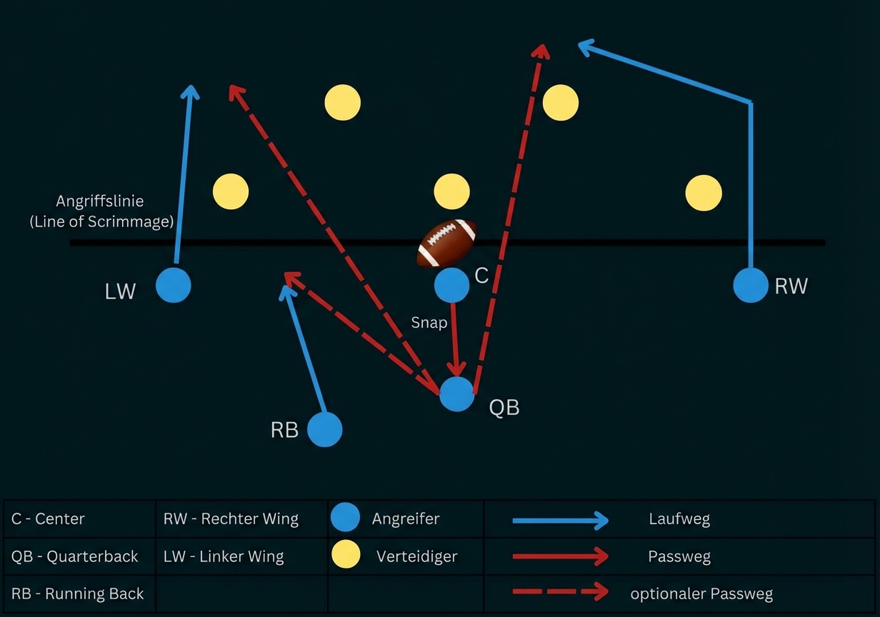 American-Football-Spielzug-Diagramm mit Spielern, Ball und Pfeilen für Lauf- und Passwege.